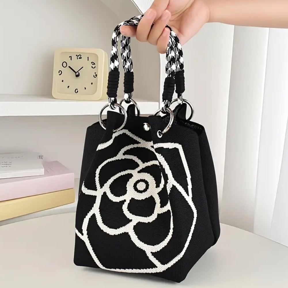 Black and White Floral Knit Tote Bag, NEW, Camilla Flower
